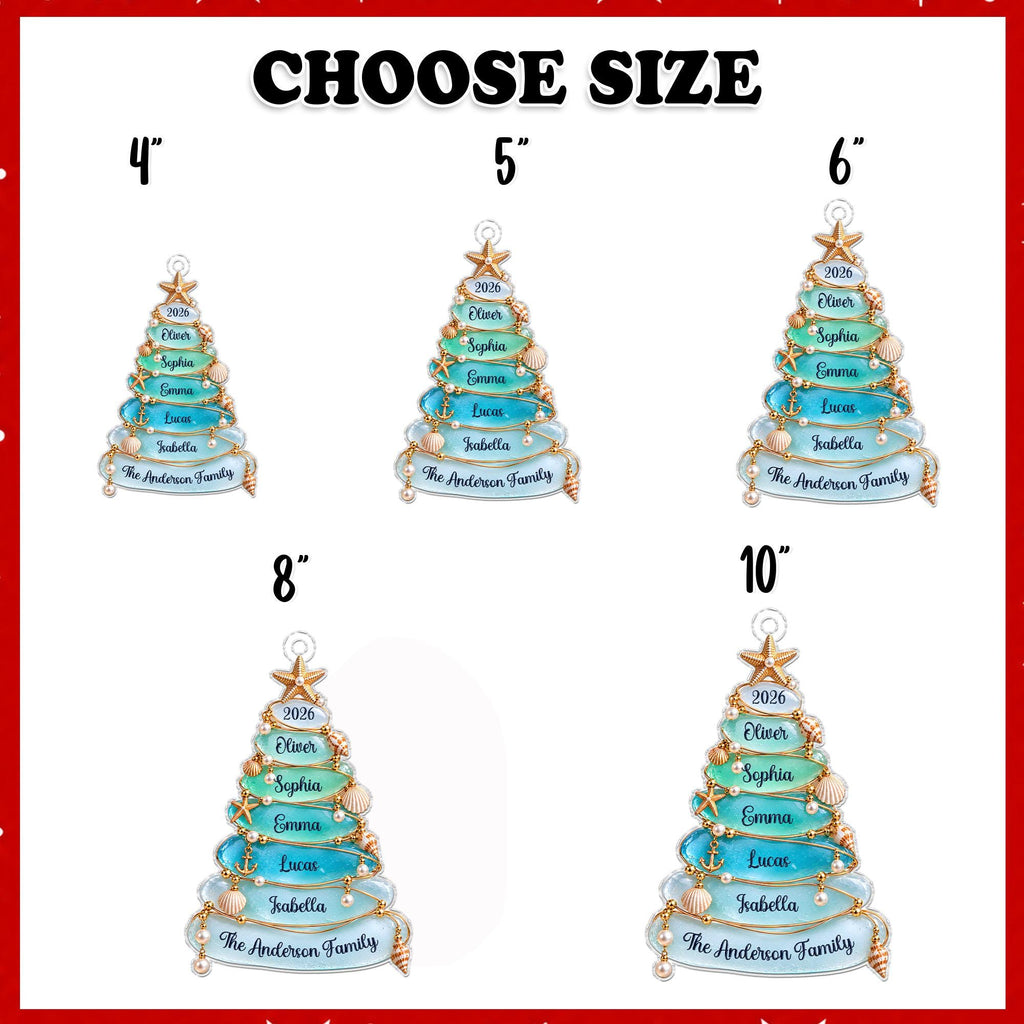 Size chart showing the sea glass tree ornament from 4 to 10 inches