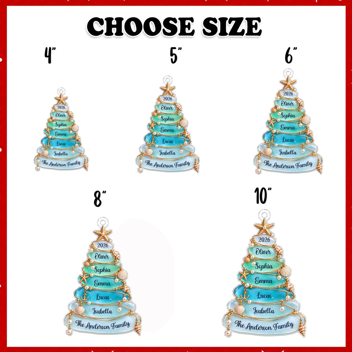 Size chart showing the sea glass tree ornament from 4 to 10 inches