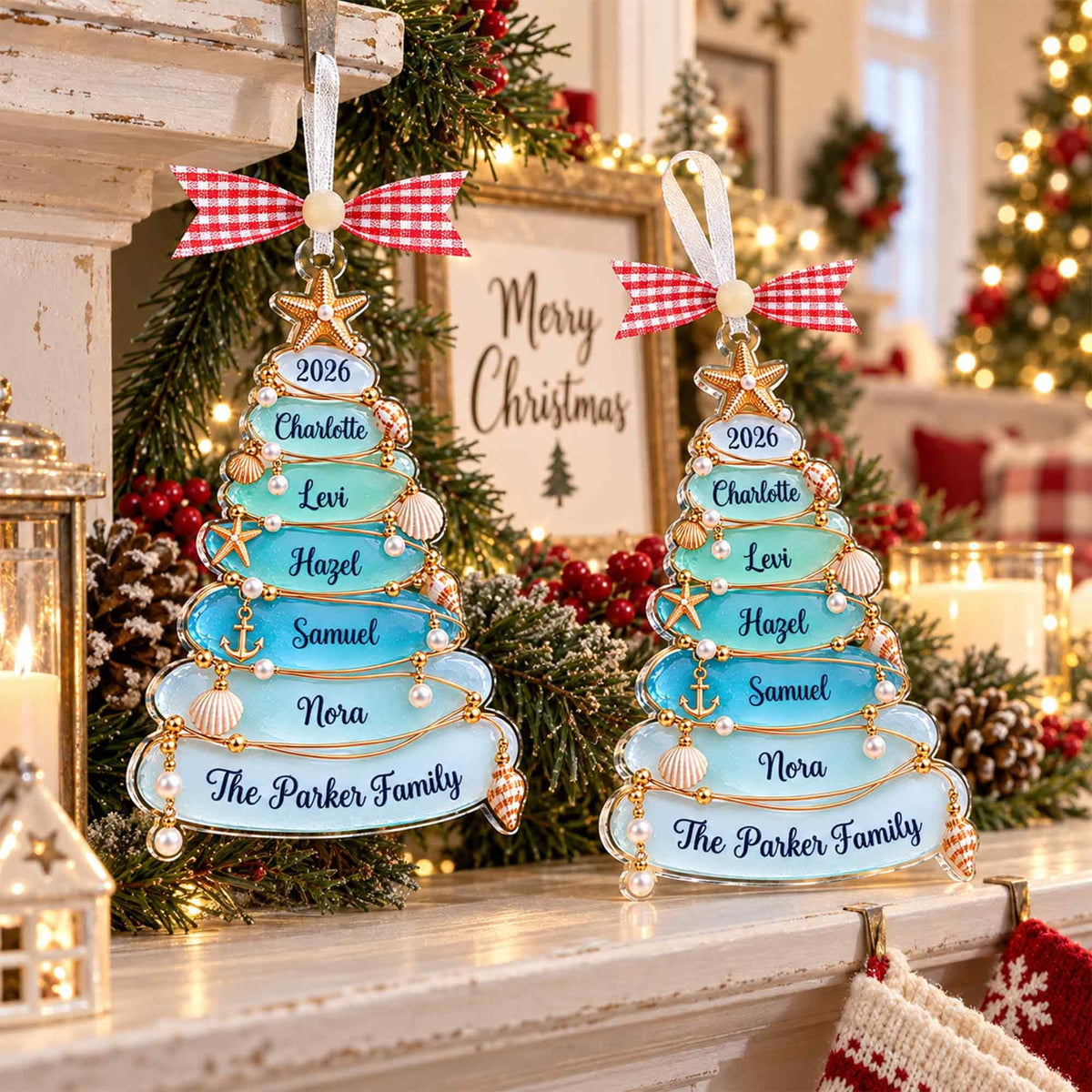 Sea glass family tree ornaments with The Parker Family on a mantel