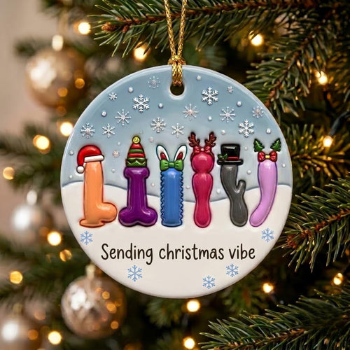 Funny Sending christmas vibe 3D ceramic ornament with holiday-dressed adult novelty shapes on a Christmas tree