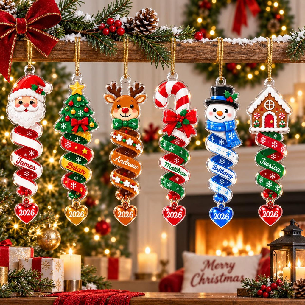 Six spiral ornament designs including a gingerbread house hanging from a mantel