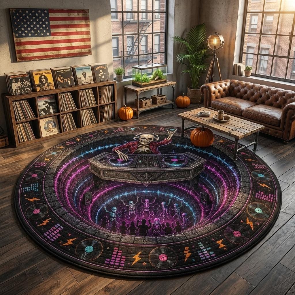 Skeleton DJ dance party rug in a brick loft with album covers, a leather sofa and pumpkins on the table