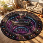 Skeleton DJ Halloween rug in a sunny room with a beige sofa, record shelf and small orange pumpkins