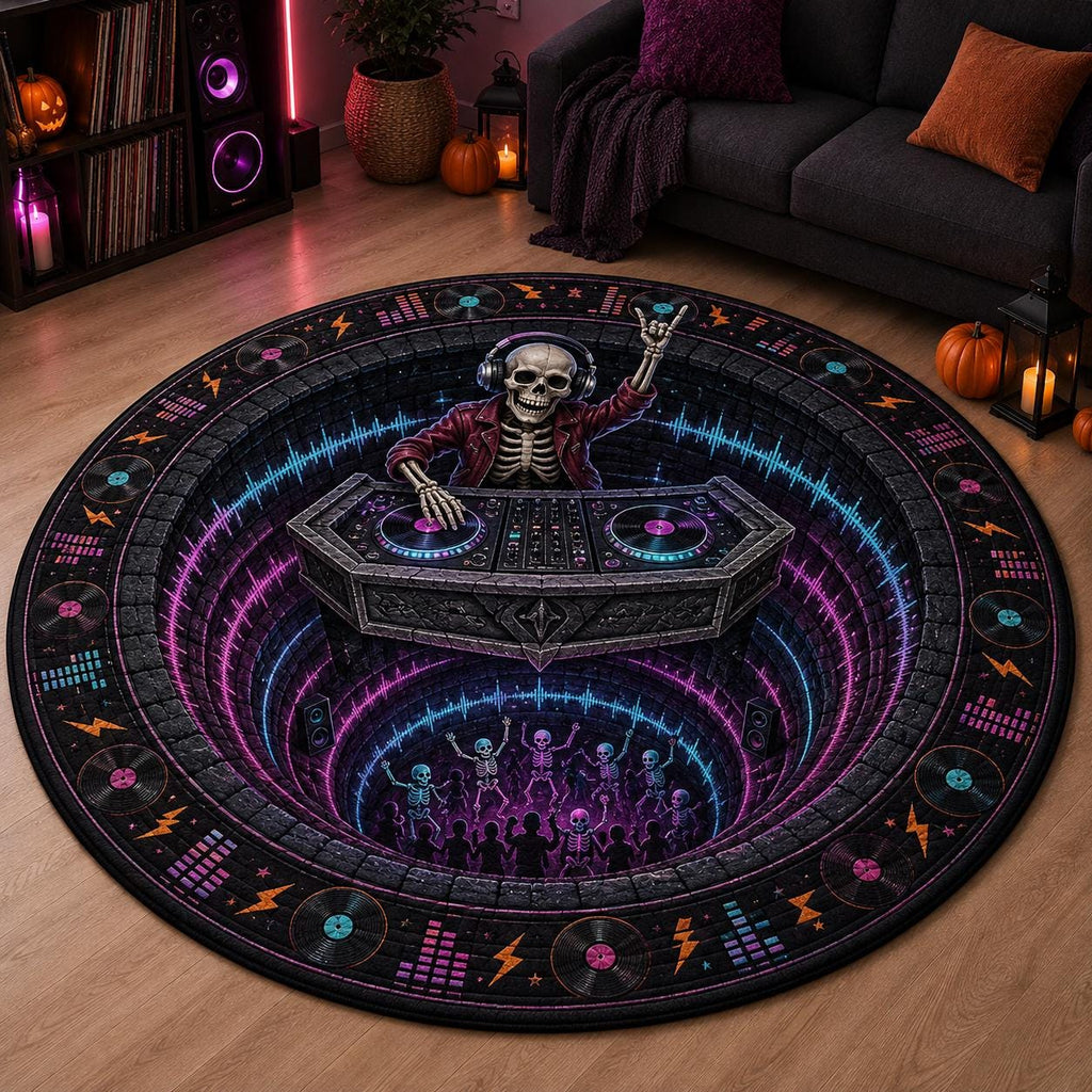Skeleton DJ neon round quilted rug with a 3D dance floor in a living room with records and purple lights
