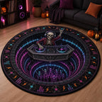 Skeleton DJ neon round quilted rug with a 3D dance floor in a living room with records and purple lights
