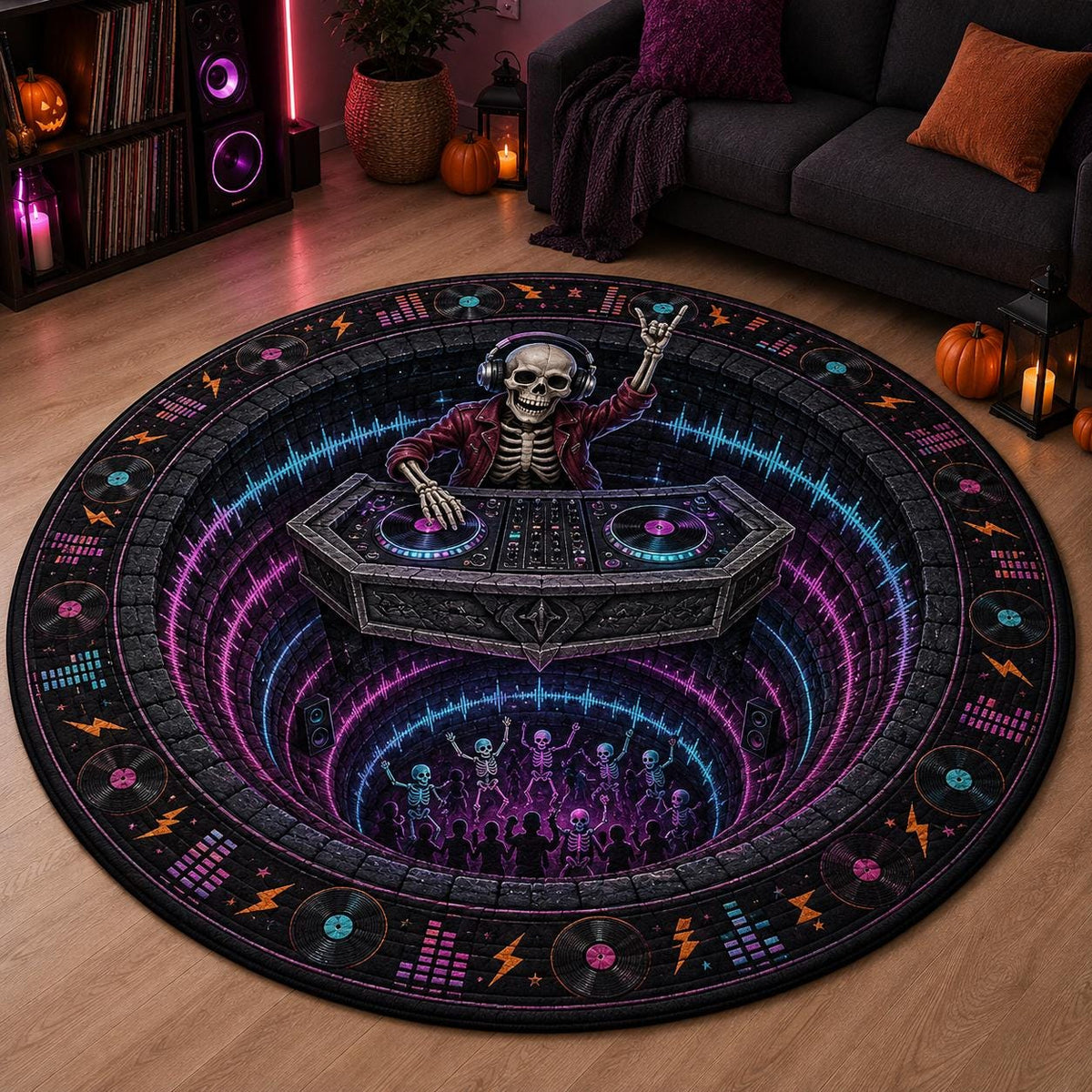 Skeleton DJ neon round quilted rug with a 3D dance floor in a living room with records and purple lights
