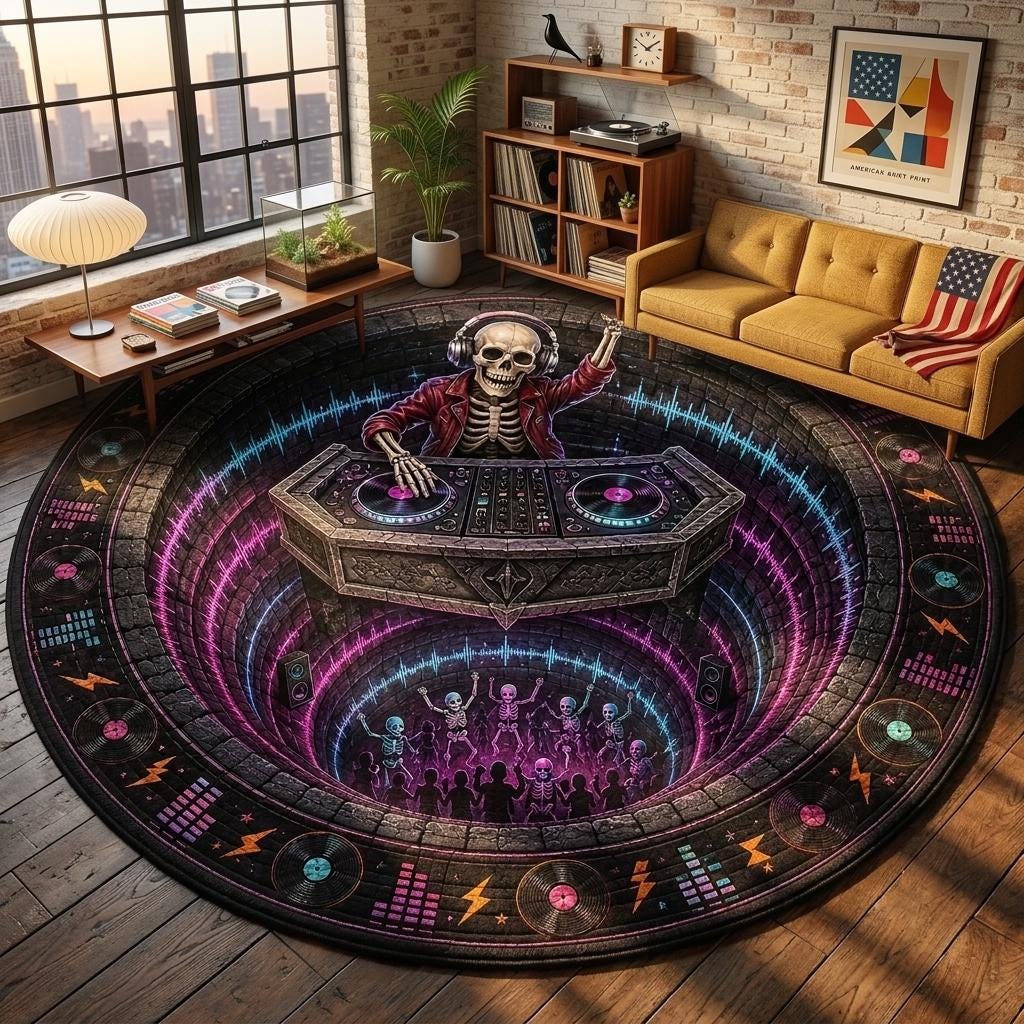 Neon skeleton DJ round rug in a city loft with big windows, a mustard sofa, turntable and potted palm