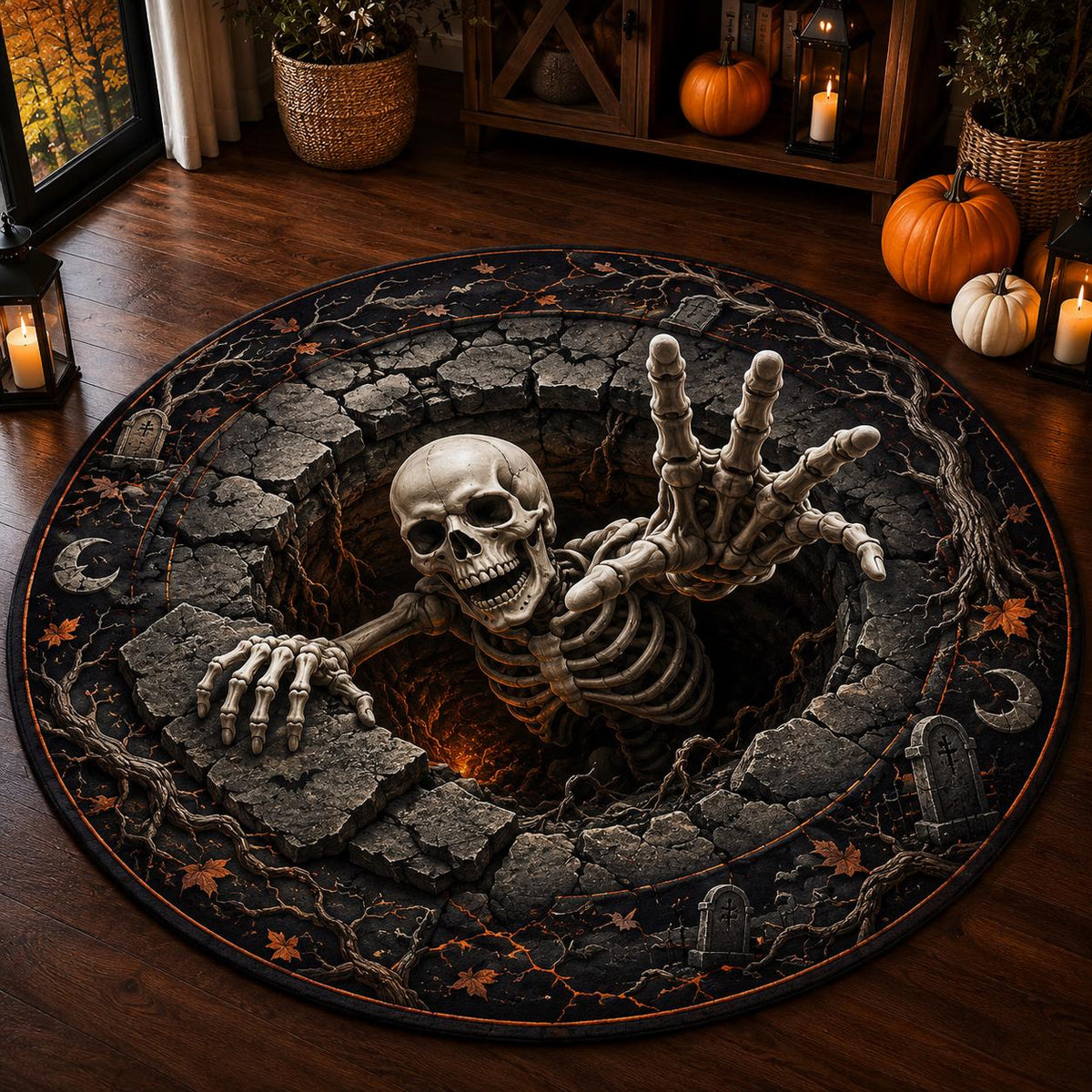 Round skeleton graveyard quilted rug with tombstones and crescent moons on a dark wood floor near candles