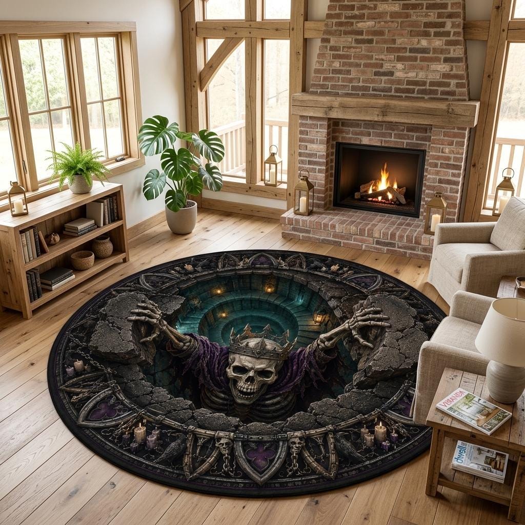 3D skeleton king rug in a cabin-style living room with wood beams, a brick fireplace and a cream armchair