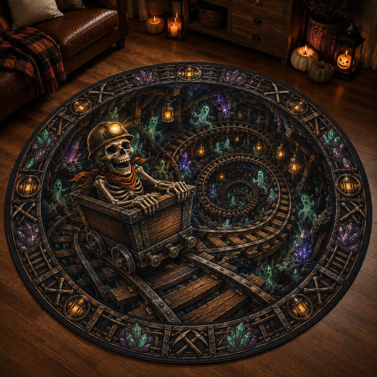 3D skeleton miner haunted mine rug in a dim candlelit room with a leather sofa and small jack-o'-lanterns