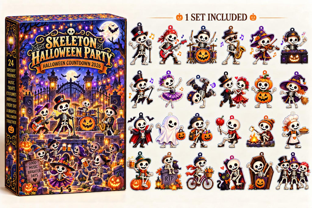 Skeleton Halloween Party countdown box beside the full set of musician and dancer skeleton acrylic pieces