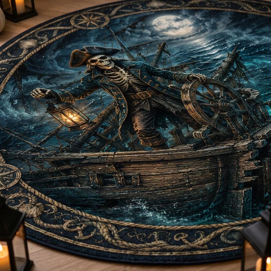 Close-up of the skeleton pirate captain holding a lantern at the ship's wheel under a full moon