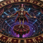Close-up of skeleton ringmaster in top hat and red coat on a striped pedestal above a swirling ghost circus
