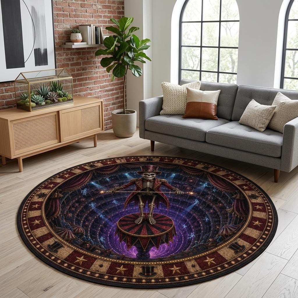 Round skeleton ringmaster rug on light wood floor in a modern living room with a fiddle leaf fig