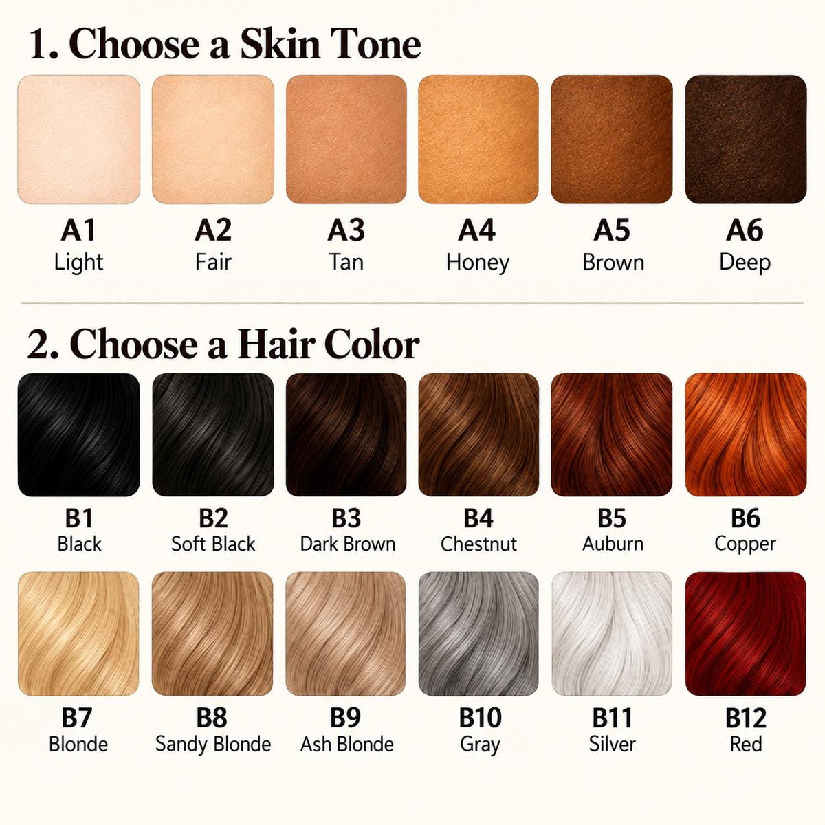 Skin tone A1 to A6 and hair color B1 to B12 chart