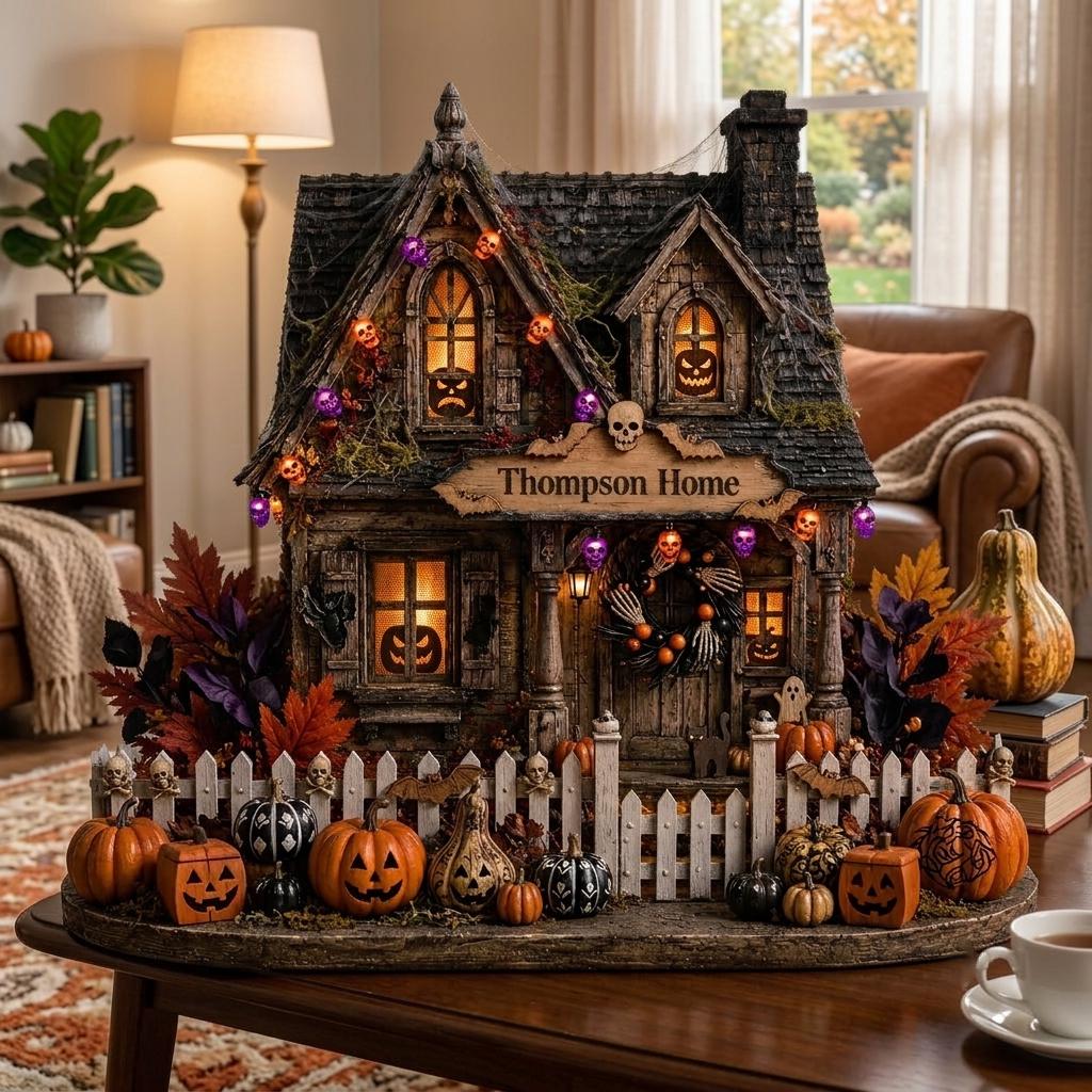 Personalized haunted house with a Thompson Home sign on a living room coffee table beside a cup of tea
