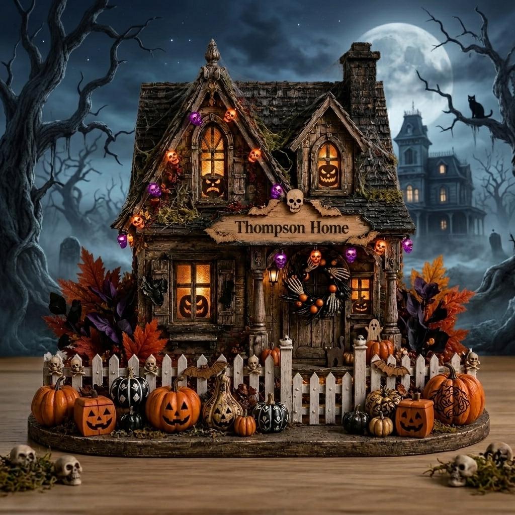 Skull garland haunted house with a white picket fence and pumpkins under a full moon by a dark mansion