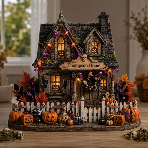 Wooden haunted house decor with skull lanterns, jack-o'-lantern windows and red leaves by a sunny window