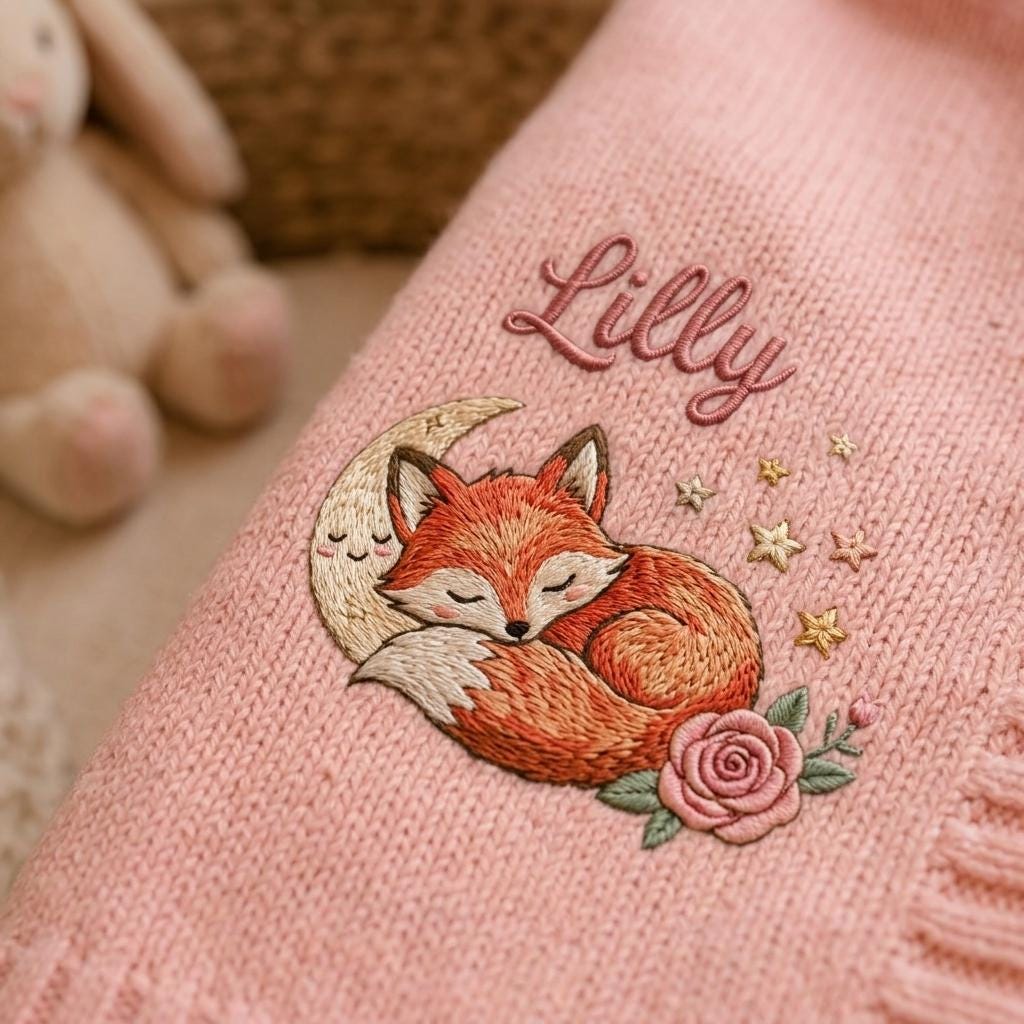 Close-up of an embroidered sleeping fox on a crescent moon with gold stars, a rose and a script name on pink knit