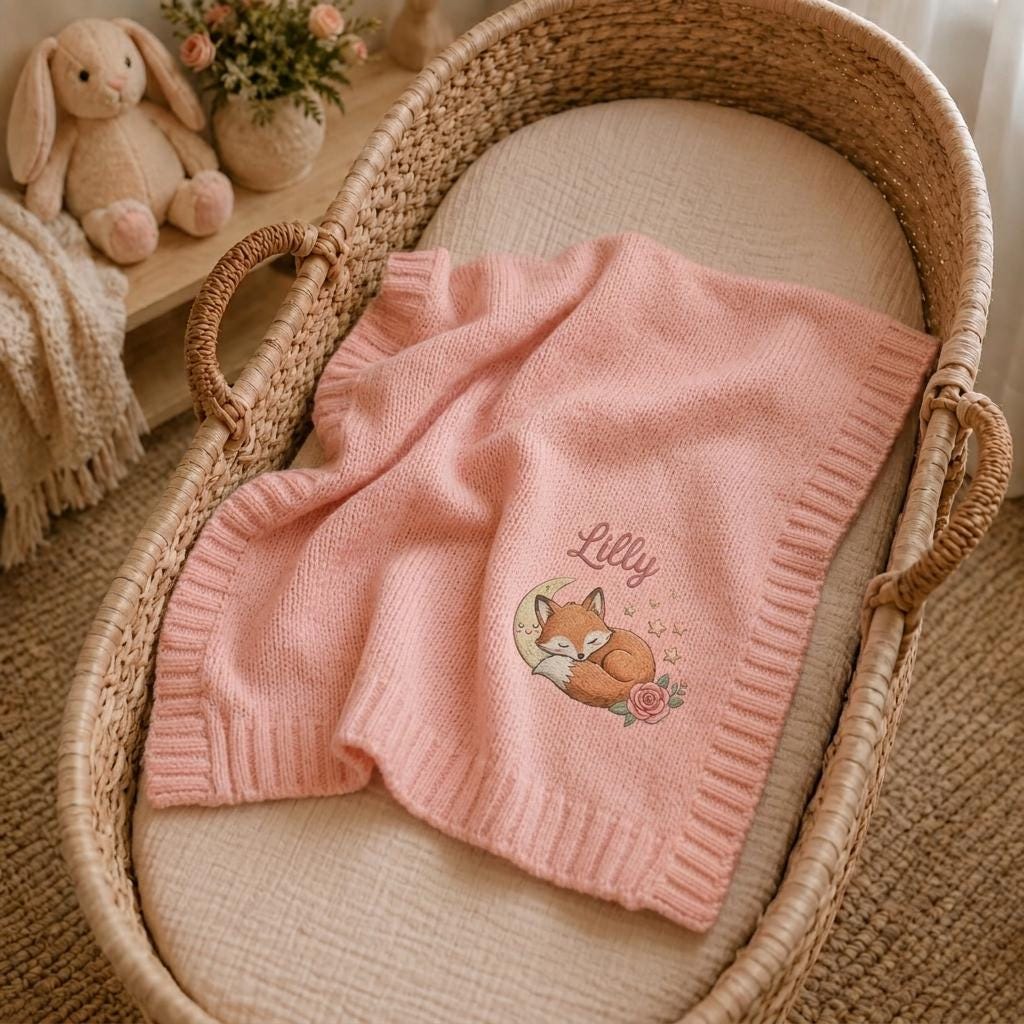 Pink knit baby blanket with an embroidered sleeping fox, rose and name spread across a woven Moses basket