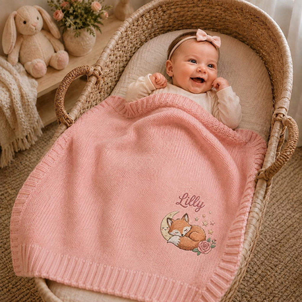 Smiling baby in a wicker bassinet under a pink knit blanket embroidered with a sleeping fox, moon and name