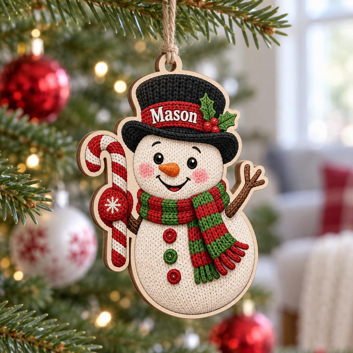 Snowman with name on top hat and candy cane wooden ornament on a Christmas tree