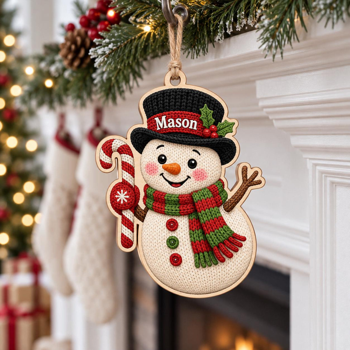 Snowman with candy cane and plaid scarf wooden ornament hanging from a fireplace mantel