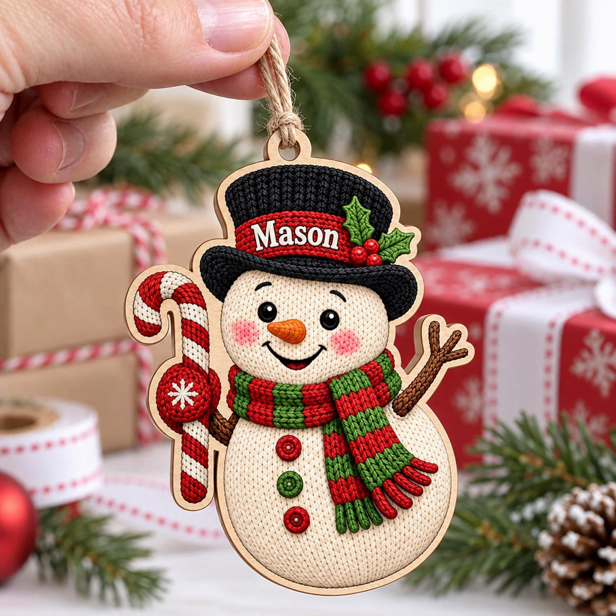 Personalized top hat snowman wooden ornament held in front of wrapped Christmas gifts