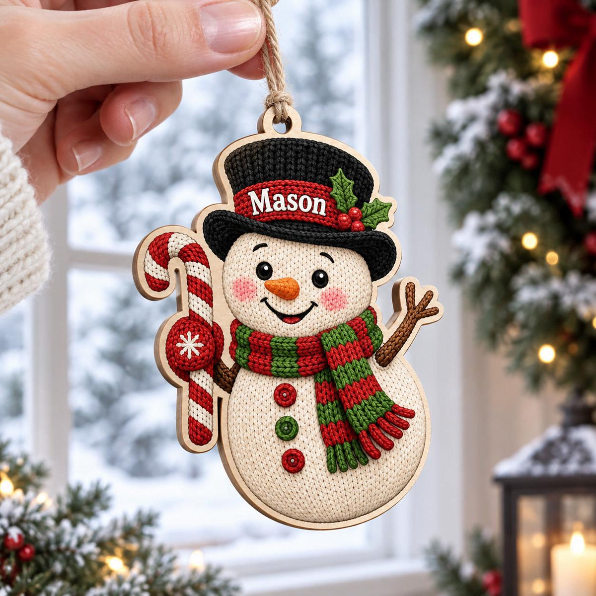 Hand holding a personalized snowman wooden ornament with top hat, candy cane and name