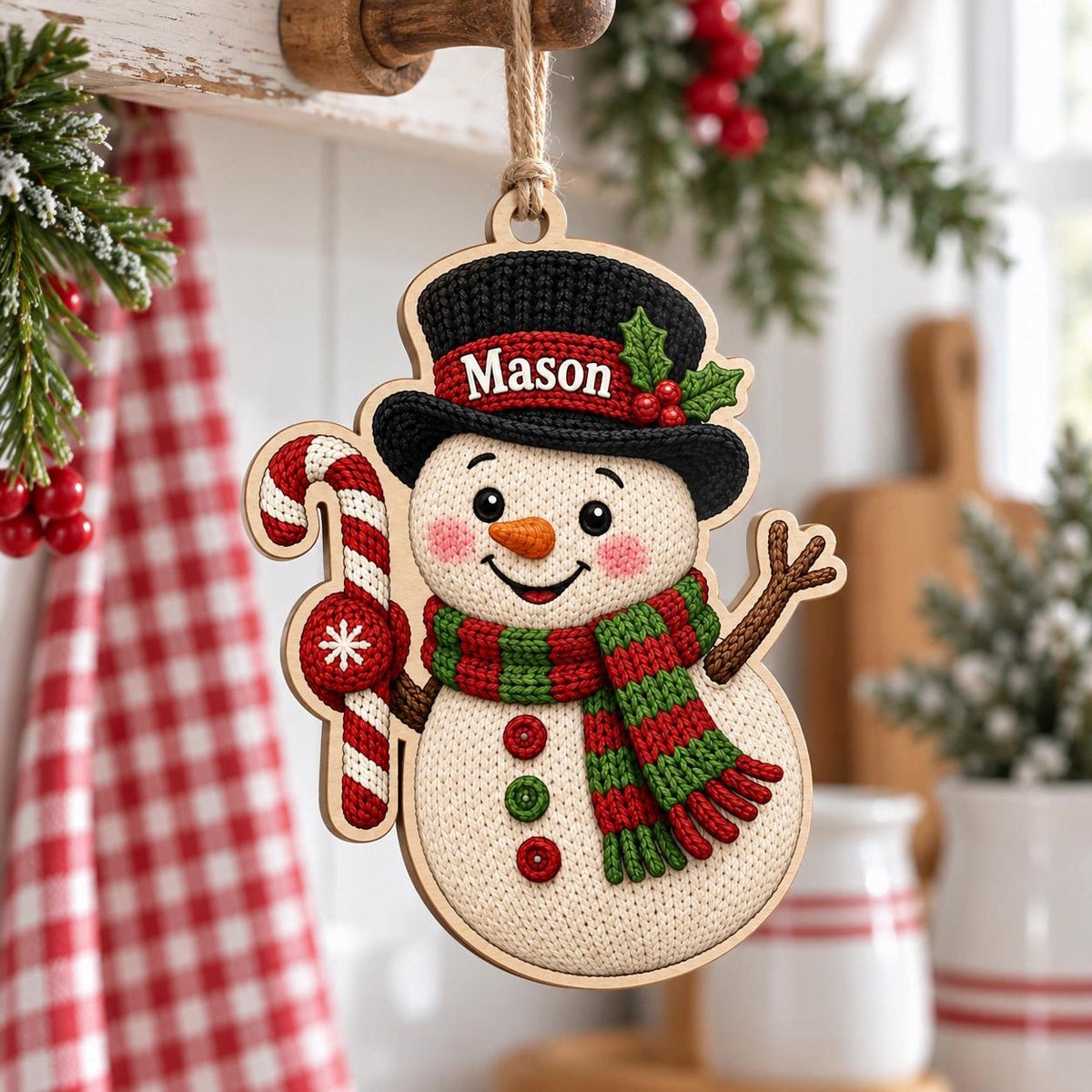 Personalized snowman candy cane wooden ornament hanging from a hook in a cozy kitchen