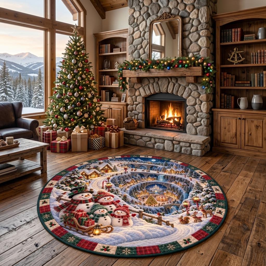 Snowman Christmas round rug in a cabin living room with a stone fireplace, bookshelves and a decorated tree