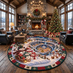 Snowman Christmas round quilted rug in a lodge great room with tall windows, wreath and lit Christmas tree