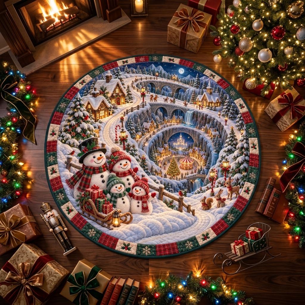 Snowman Christmas village round quilted rug on a wood floor surrounded by presents, garland and a lit tree