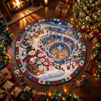 Snowman Christmas village round quilted rug on a wood floor surrounded by presents, garland and a lit tree