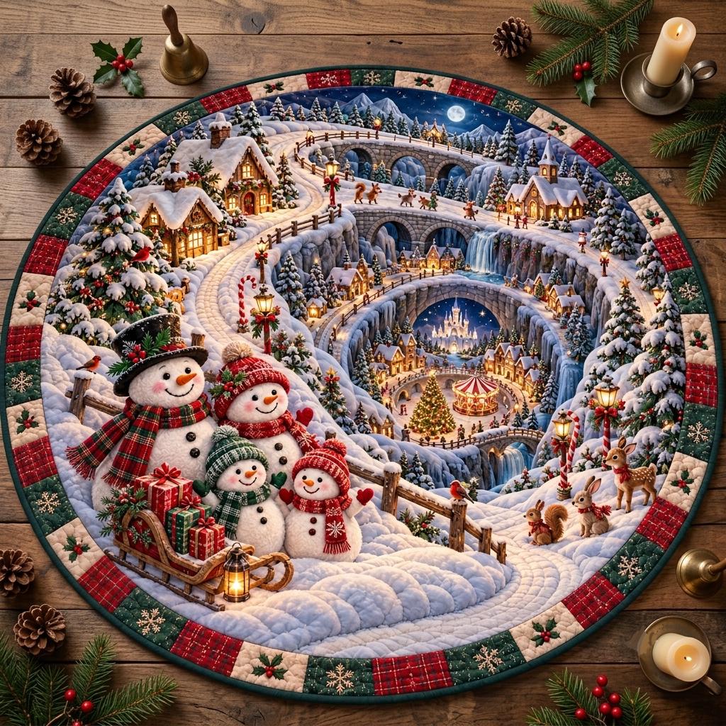 Top view of the snowman family Christmas rug on rustic wood with pinecones, candles and holly