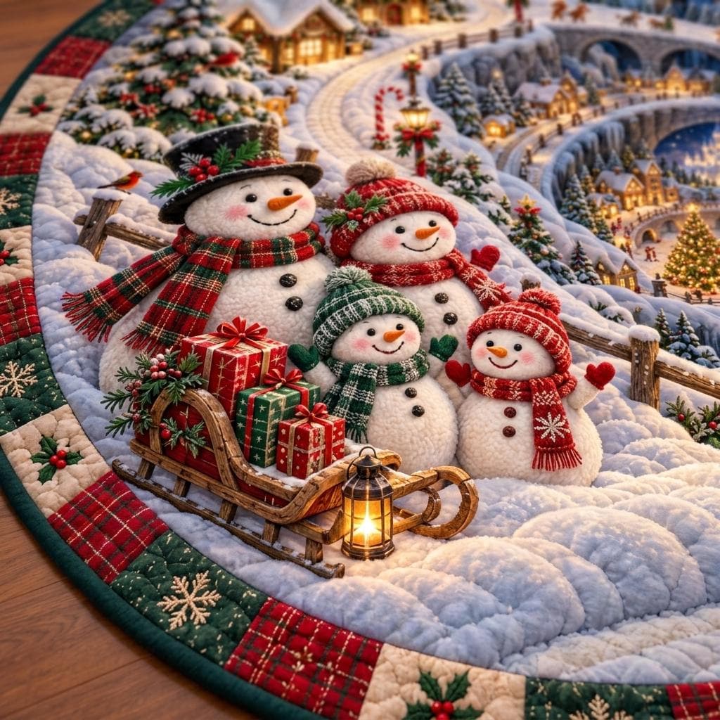 Close-up of the snowman family with plaid scarves and a sled full of presents on the quilted Christmas rug