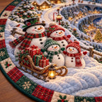 Close-up of the snowman family with plaid scarves and a sled full of presents on the quilted Christmas rug