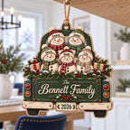 Custom snowman family vintage truck wooden ornament hanging in a bright cozy home