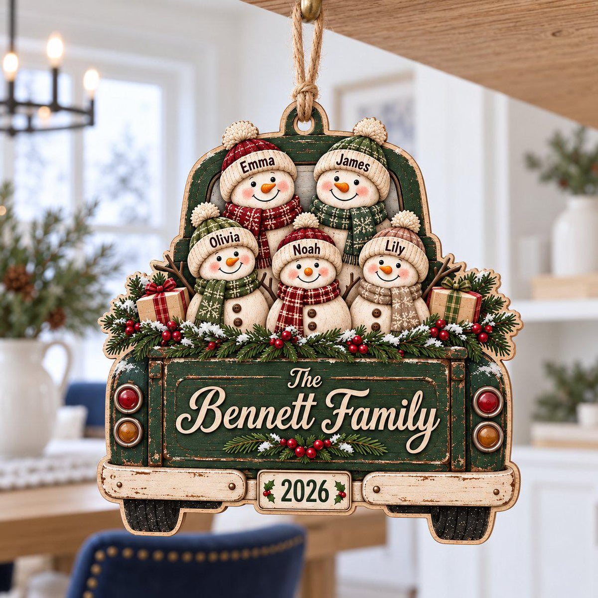 Custom snowman family vintage truck wooden ornament hanging in a bright cozy home