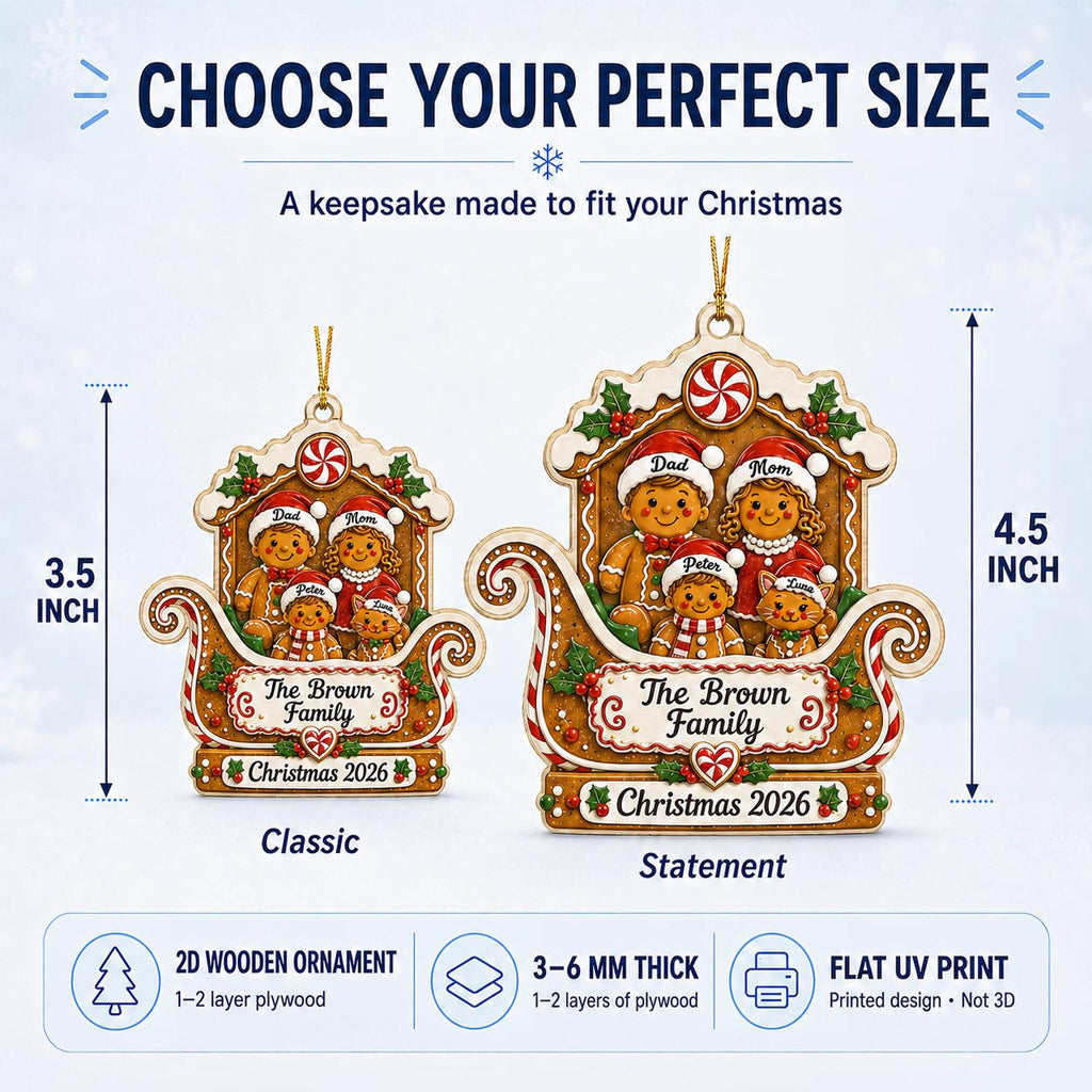 Size guide comparing 3.5 inch and 4.5 inch snowman family truck wooden ornament options