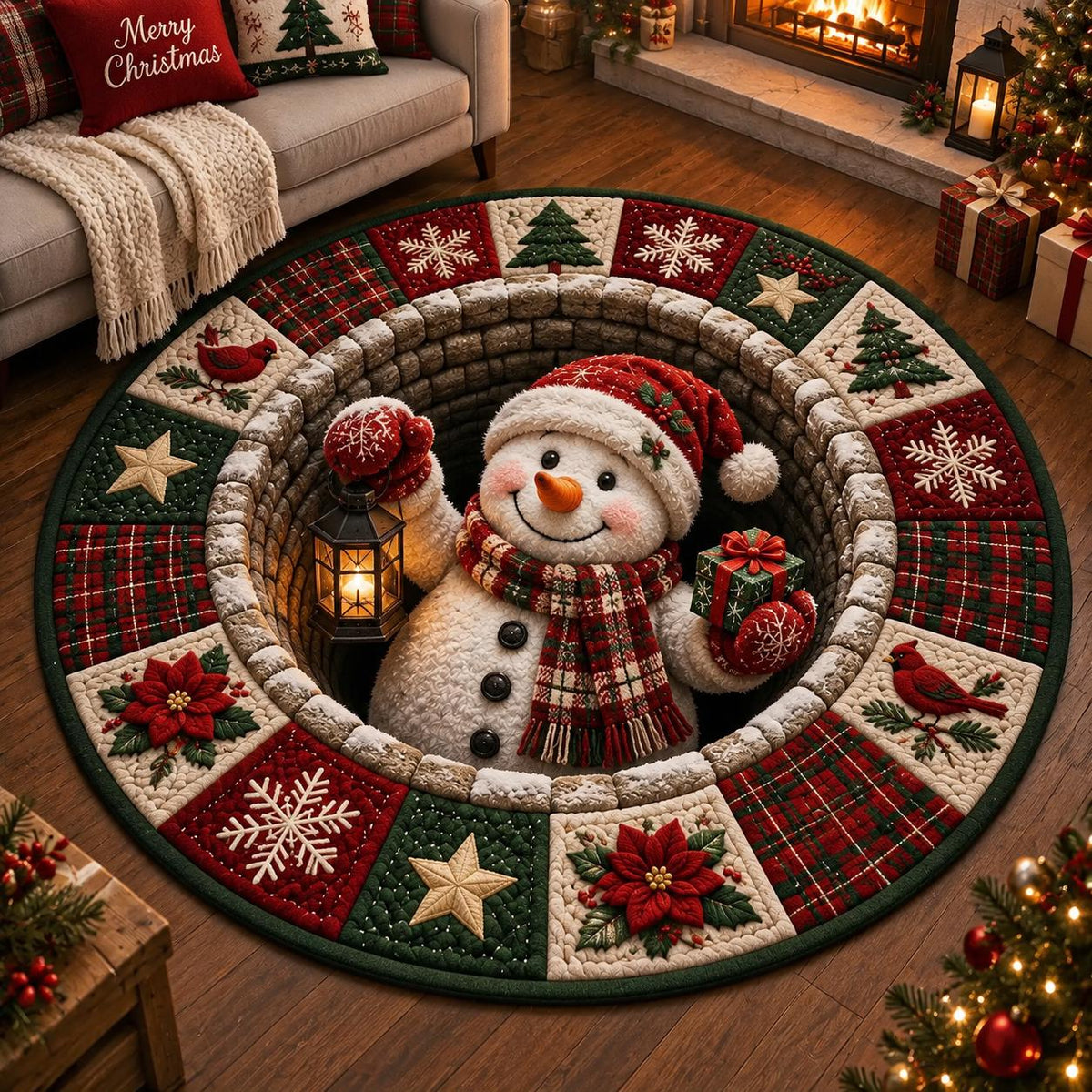 Christmas snowman round rug with lantern and gift on a wood floor by a sofa and fireplace