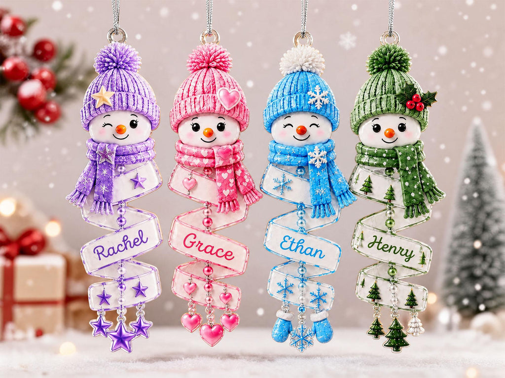 Purple, pink, blue and green snowman ornaments personalized with Rachel, Grace, Ethan and Henry