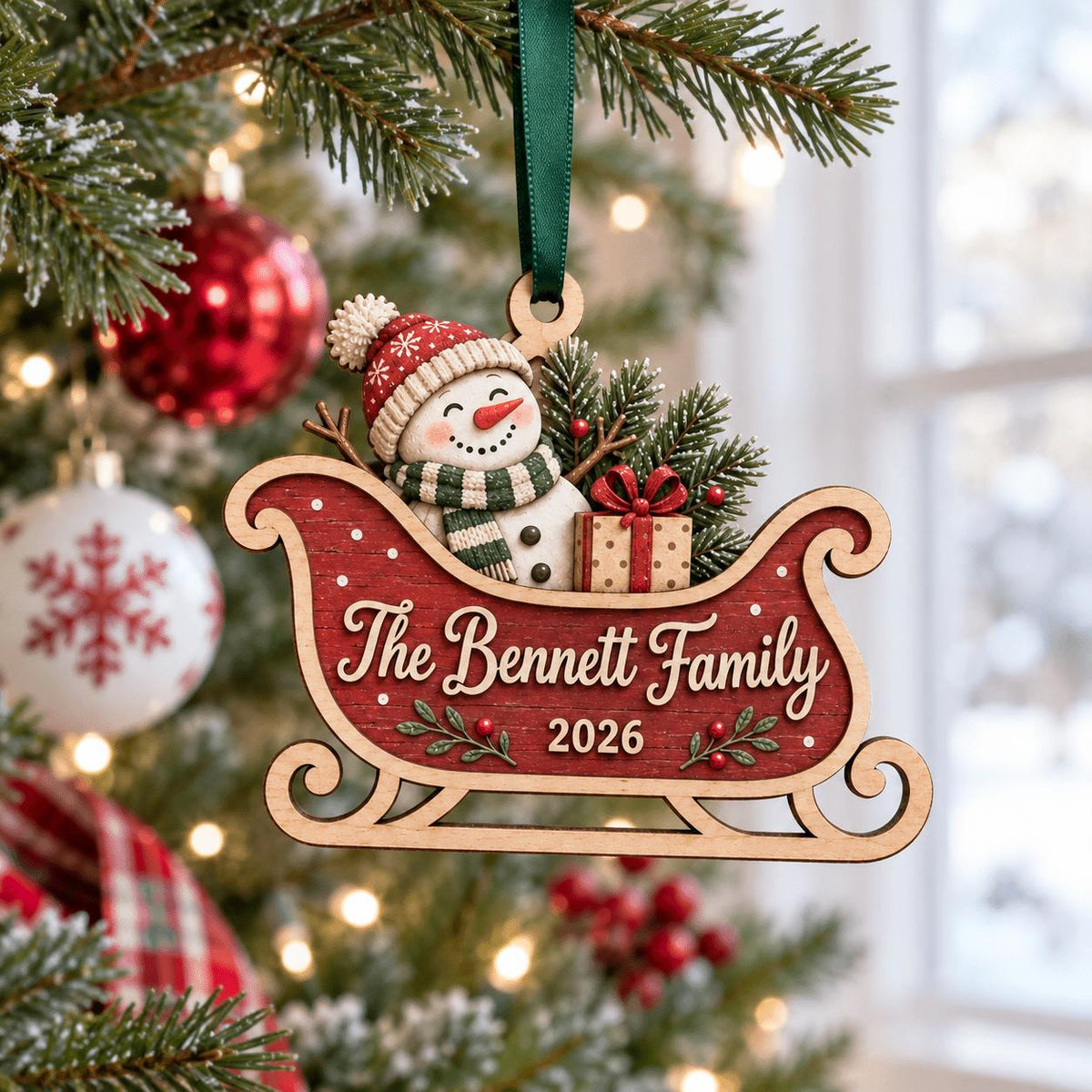 Personalized snowman red sleigh ornament with family name and year on a tree