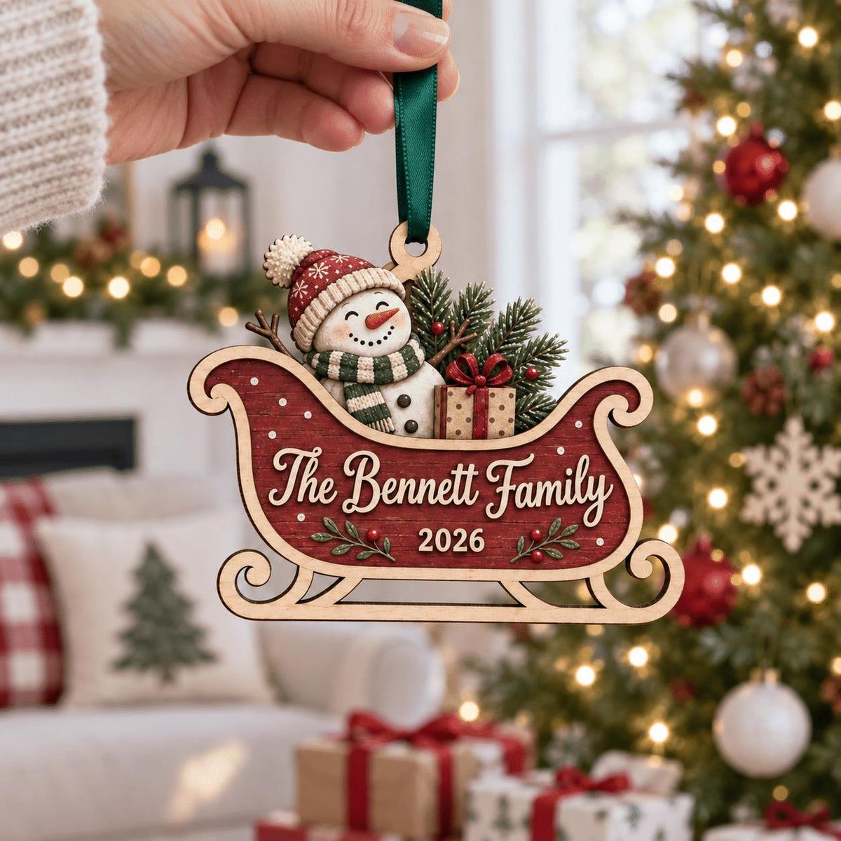 Hand holding a snowman sleigh family ornament by green ribbon near the tree