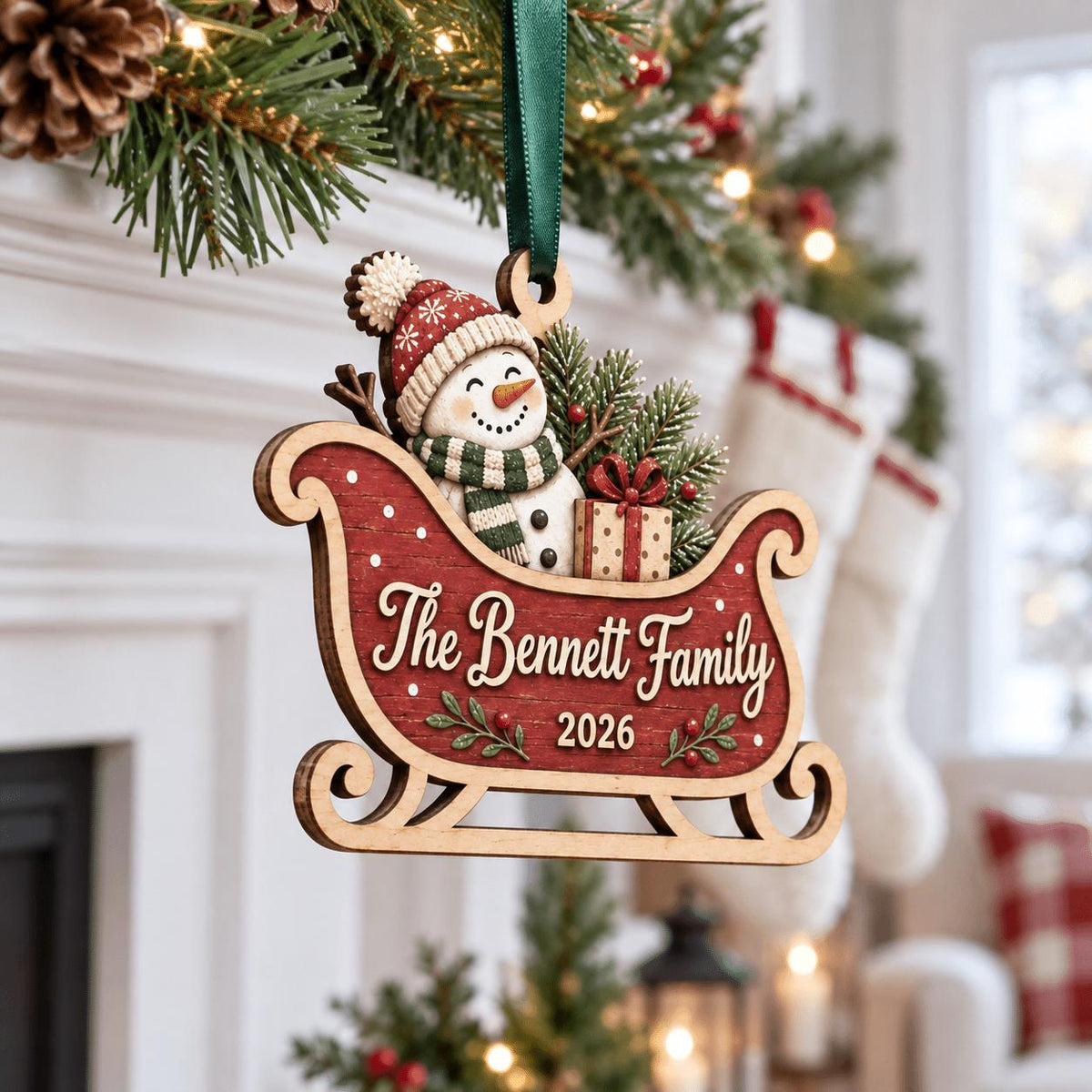 Personalized snowman sleigh wooden ornament hanging from a mantel by stockings
