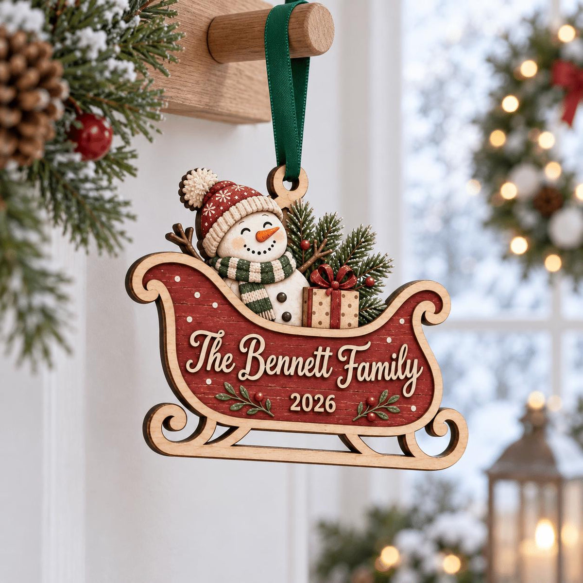 Snowman sleigh family wooden ornament with custom last name hanging on a peg