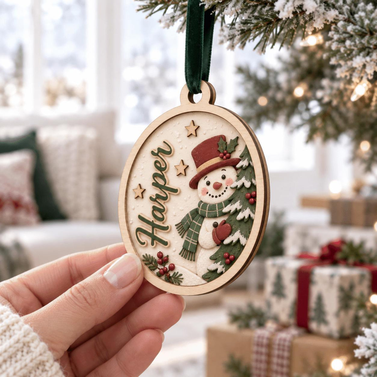 Hand holding a personalized snowman round wooden ornament with script name
