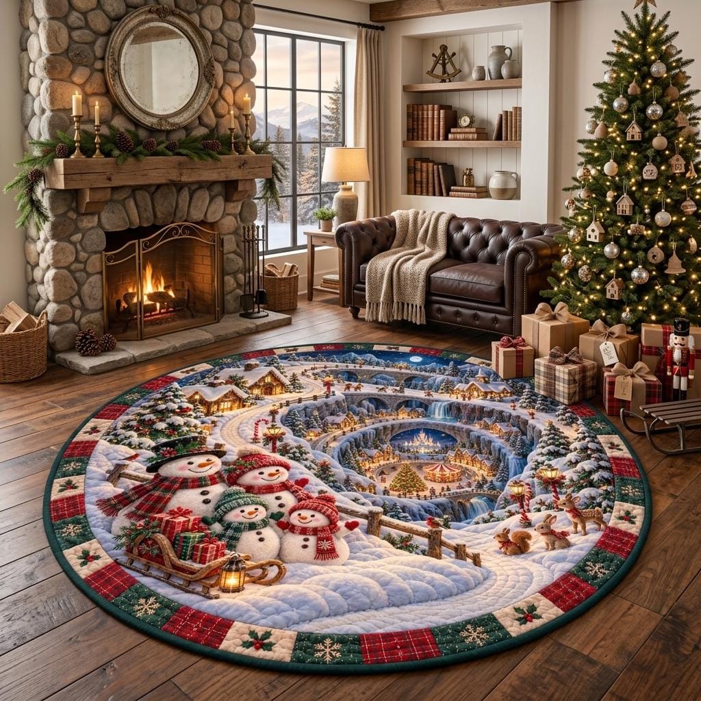 Snowman village quilted rug in front of a leather sofa, stone fireplace and Christmas tree with gifts