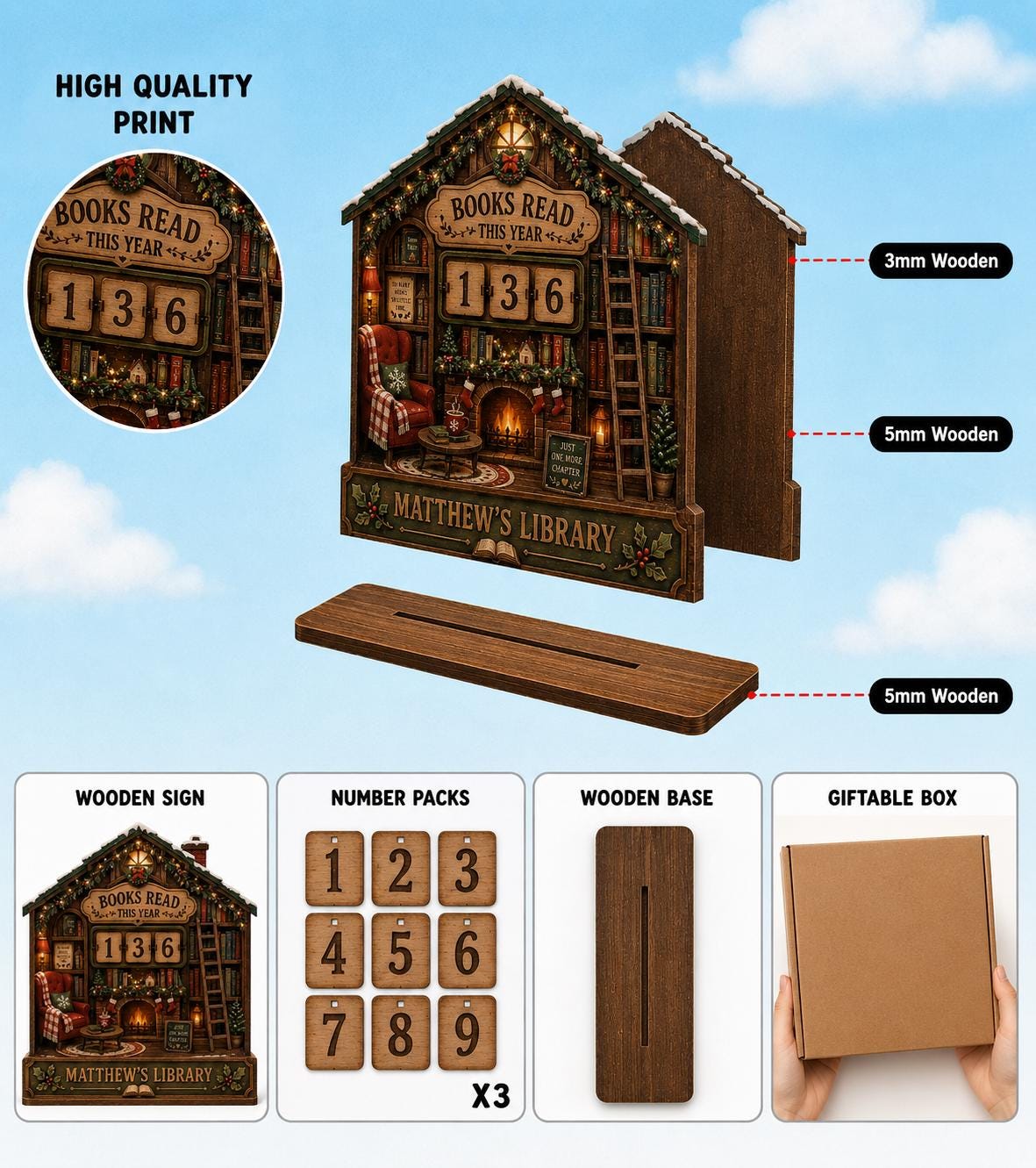 Layer view of the snowy cabin book tracker with number cards, wooden base stand and gift box