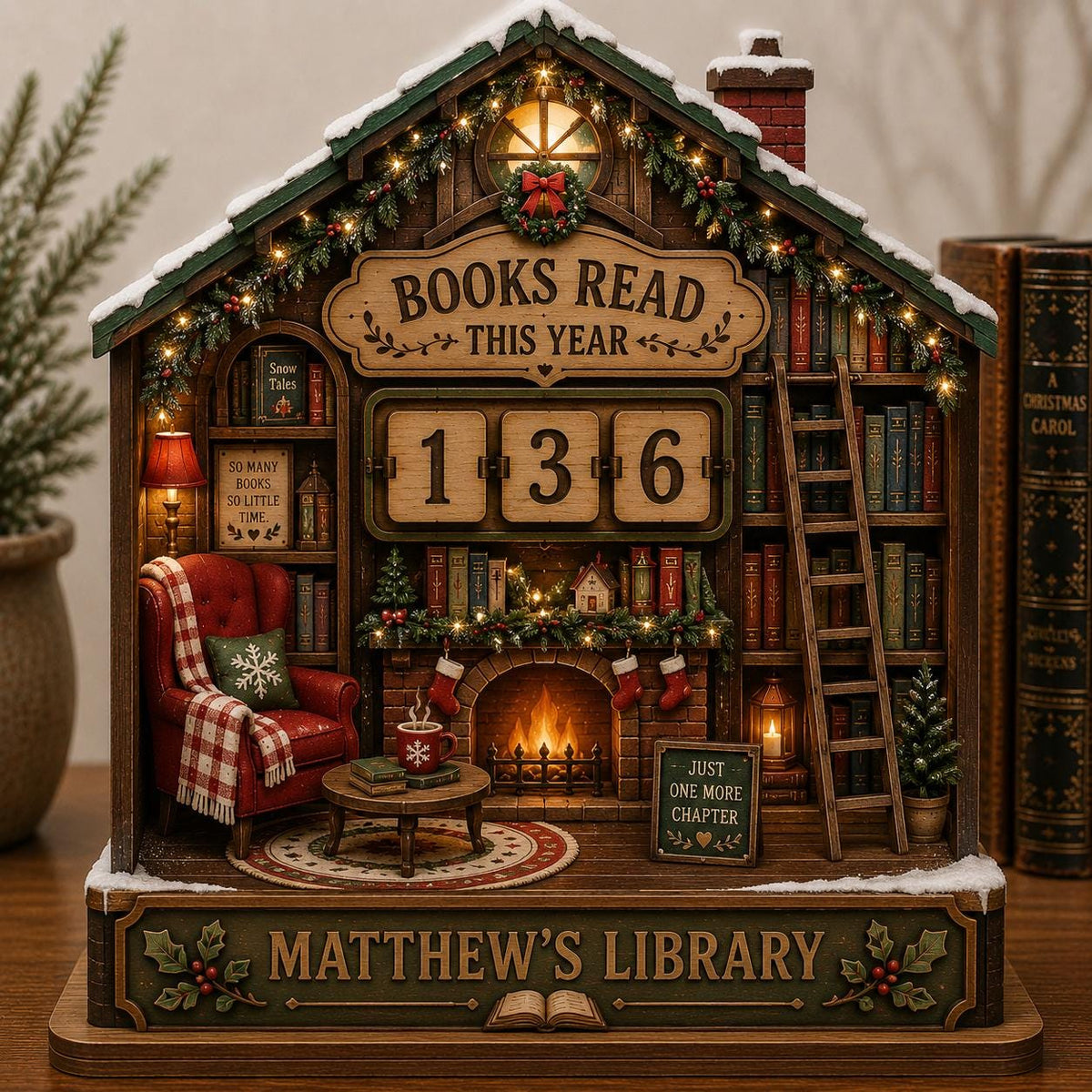 Snowy cabin Christmas book tracker with a red armchair and fireplace, reading Matthew's Library, beside a potted pine